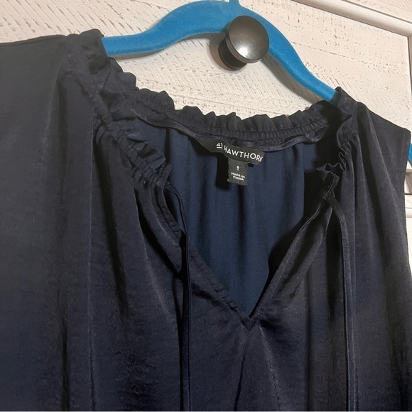 41 Hawthorn Ruffle Collar V neck Drawstring Navy Blue Sleeveless Blouse Small - Picture 6 of 7